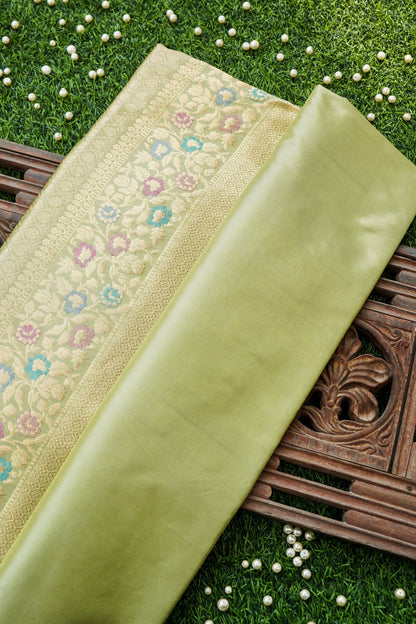 Pure Katan Silk Alfi Meenakari Phulwar Border Banarasi Saree in Sage Green