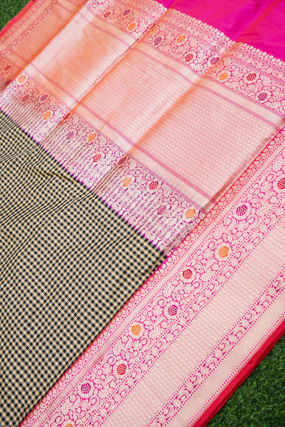 Pure Katan Silk Kadiyal Charkhana Meenakari Border Banarasi Saree in Black