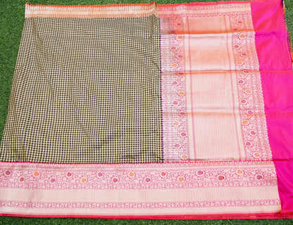 Pure Katan Silk Kadiyal Charkhana Meenakari Border Banarasi Saree in Black