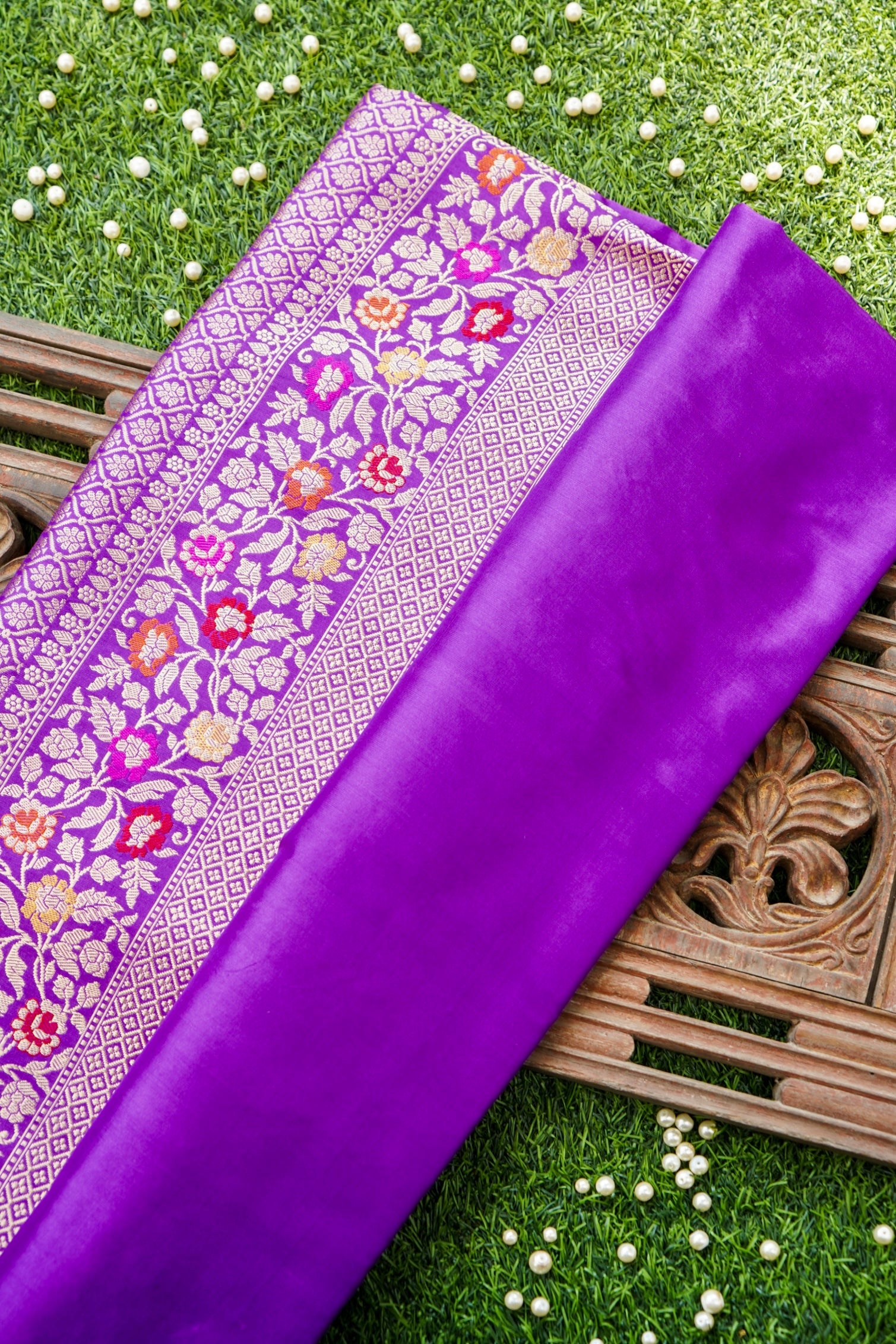 Pure Katan Silk Alfi Meenakari Phulwar Border Banarasi Saree in Royal Purple