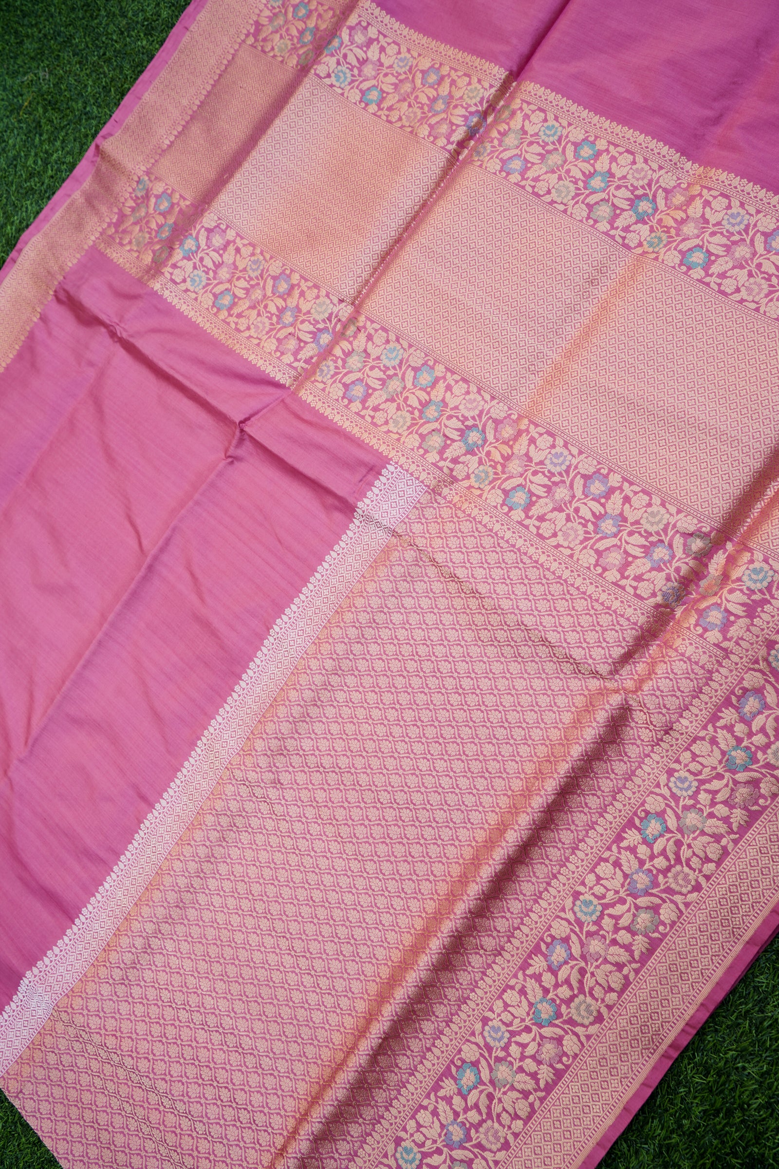 Pure Katan Silk Alfi Meenakari Phulwar Border Banarasi Saree in Mauve Pink