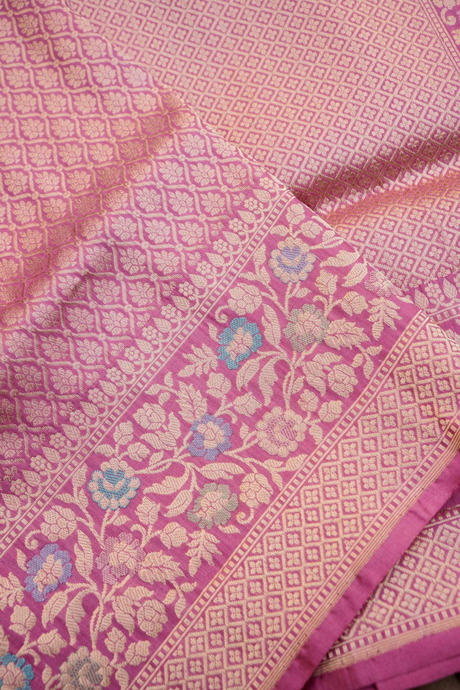 Pure Katan Silk Alfi Meenakari Phulwar Border Banarasi Saree in Mauve Pink