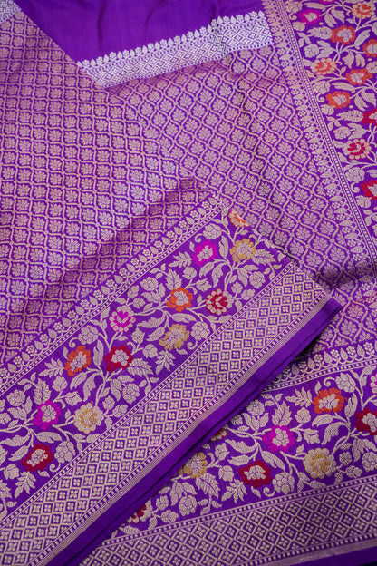 Pure Katan Silk Alfi Meenakari Phulwar Border Banarasi Saree in Royal Purple