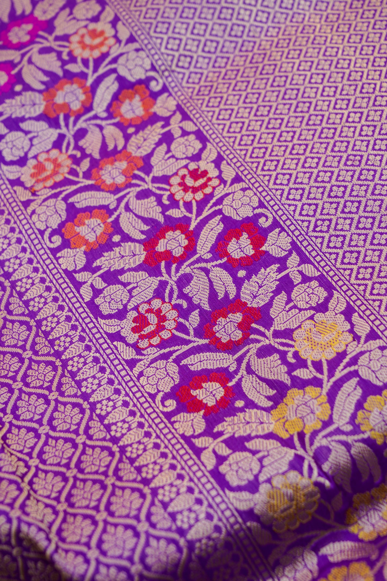 Pure Katan Silk Alfi Meenakari Phulwar Border Banarasi Saree in Royal Purple