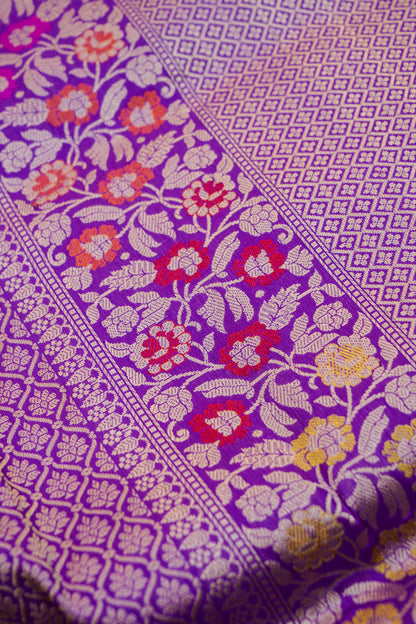 Pure Katan Silk Alfi Meenakari Phulwar Border Banarasi Saree in Royal Purple