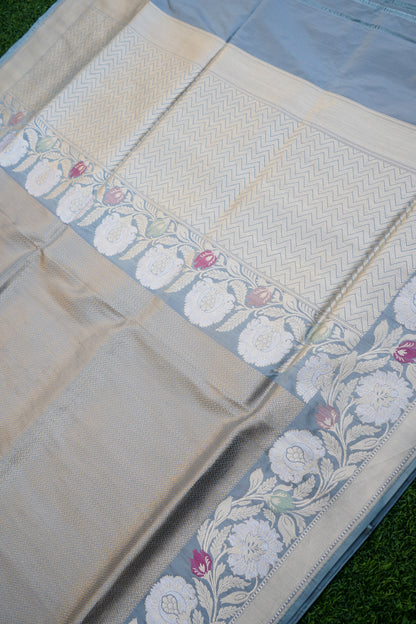 Pure Katan Silk Alfi Tanchoi Banarasi Saree in Warm Grey
