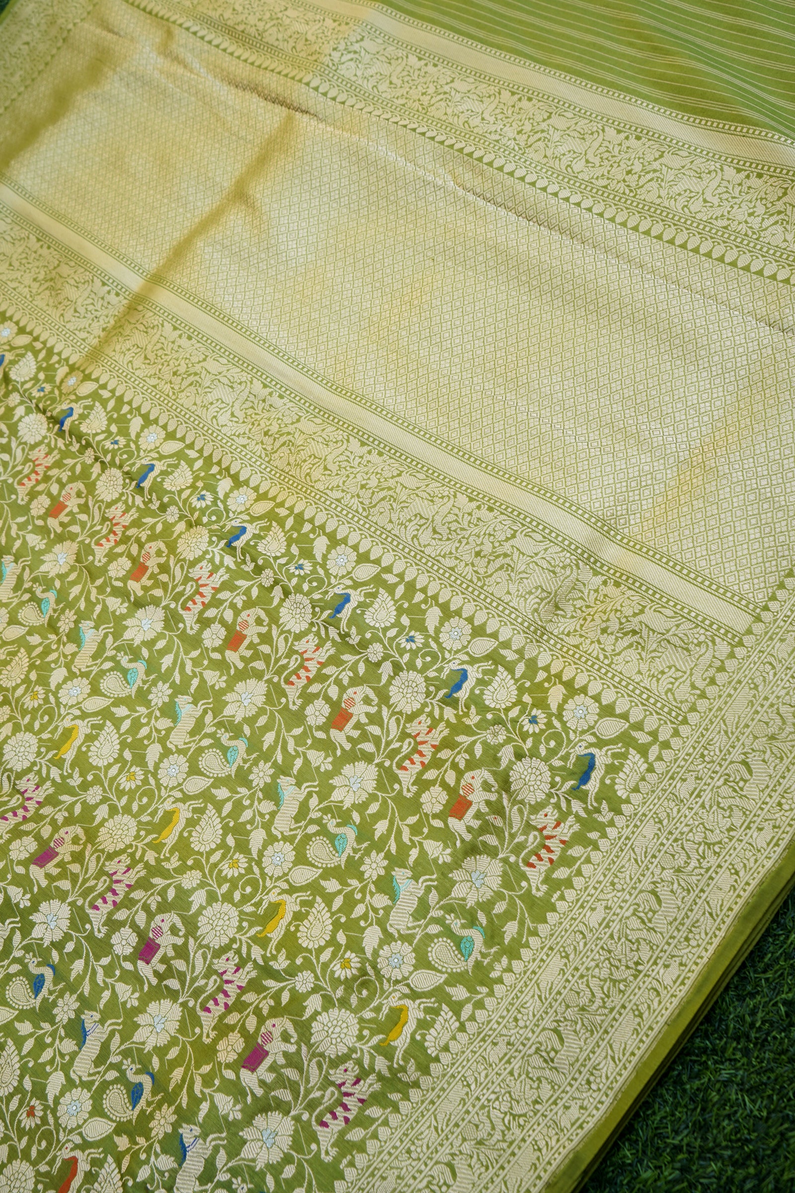 Handwoven Banarasi Katan Silk Shikargah Saree in Olive Green