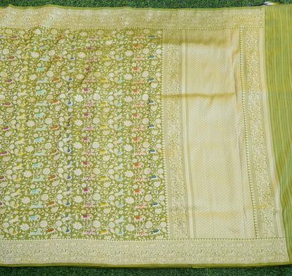 Handwoven Banarasi Katan Silk Shikargah Saree in Olive Green