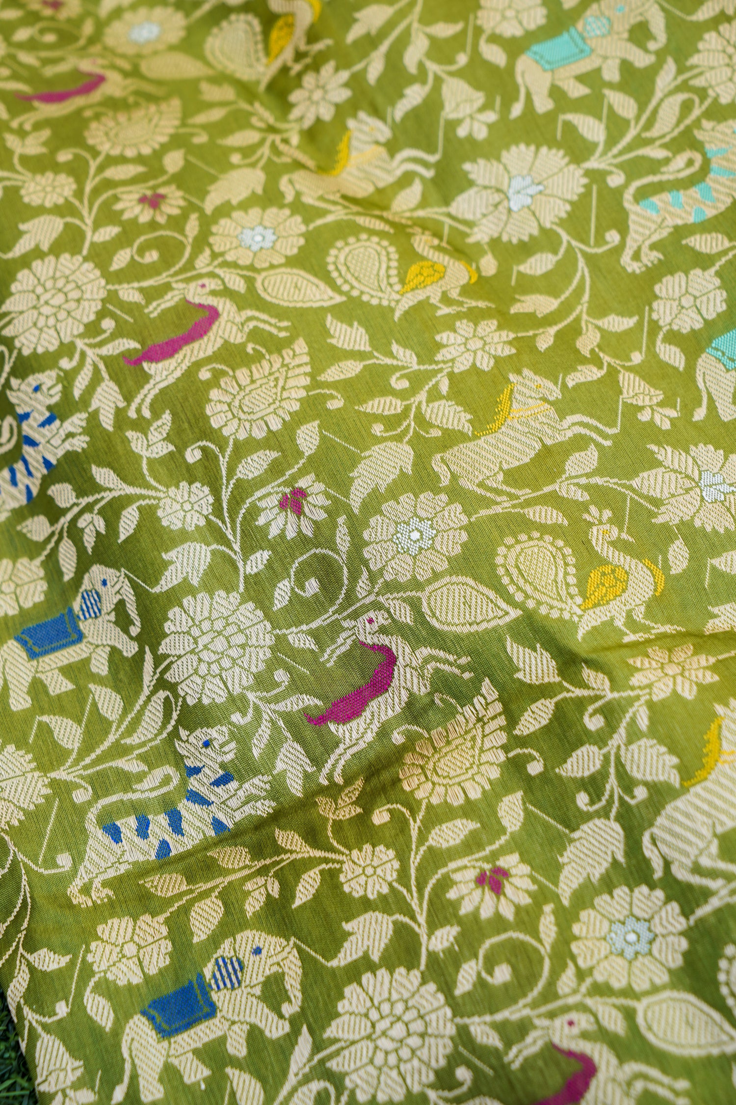 Handwoven Banarasi Katan Silk Shikargah Saree in Olive Green