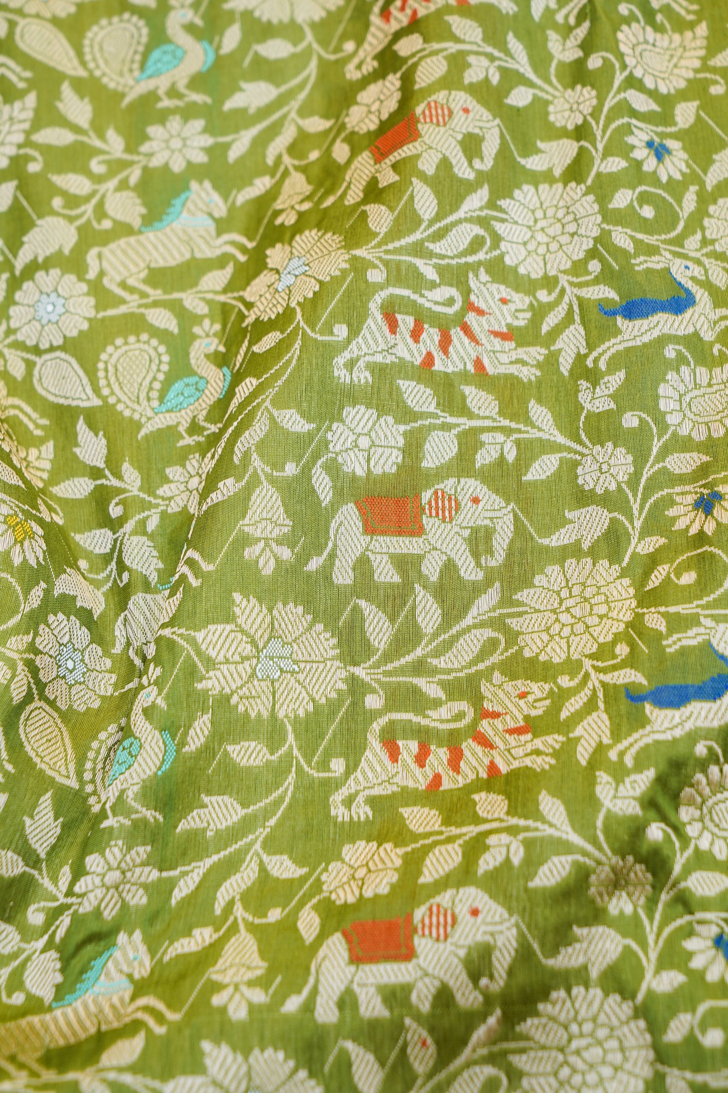 Handwoven Banarasi Katan Silk Shikargah Saree in Olive Green