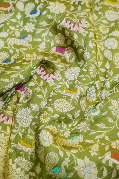 Handwoven Banarasi Katan Silk Shikargah Saree in Olive Green