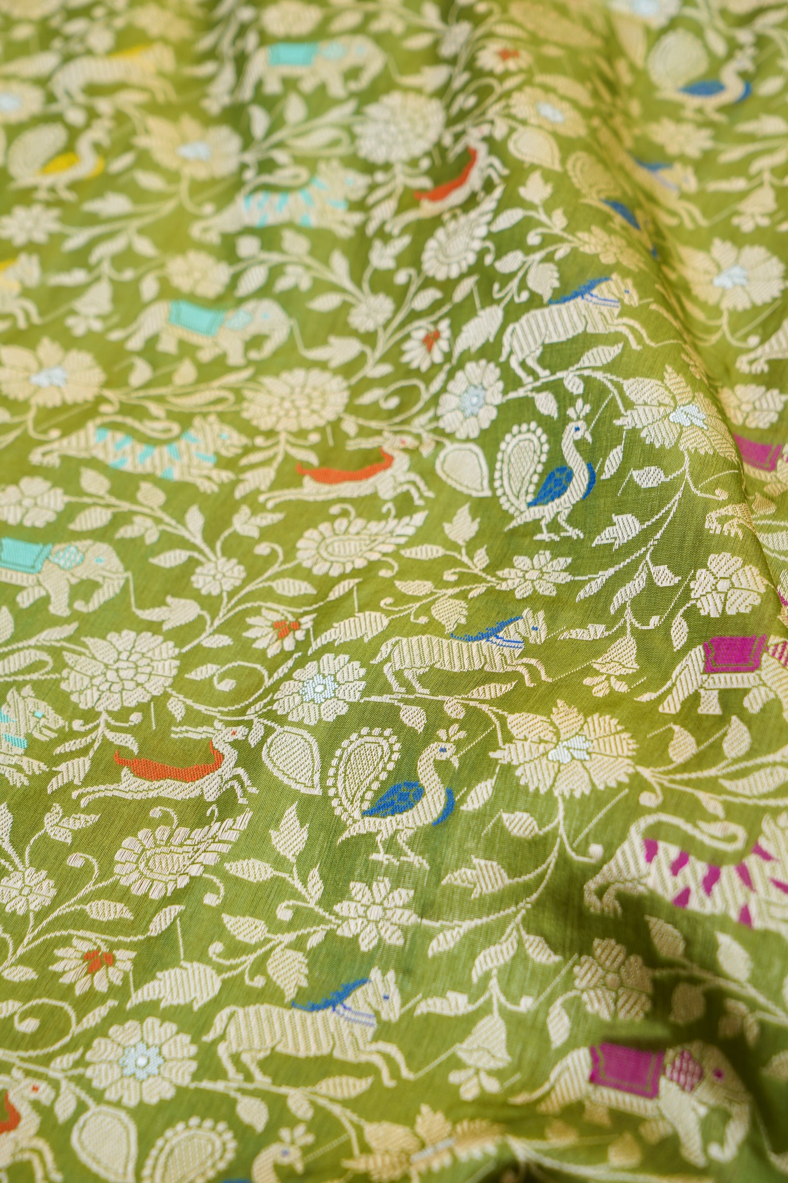 Handwoven Banarasi Katan Silk Shikargah Saree in Olive Green