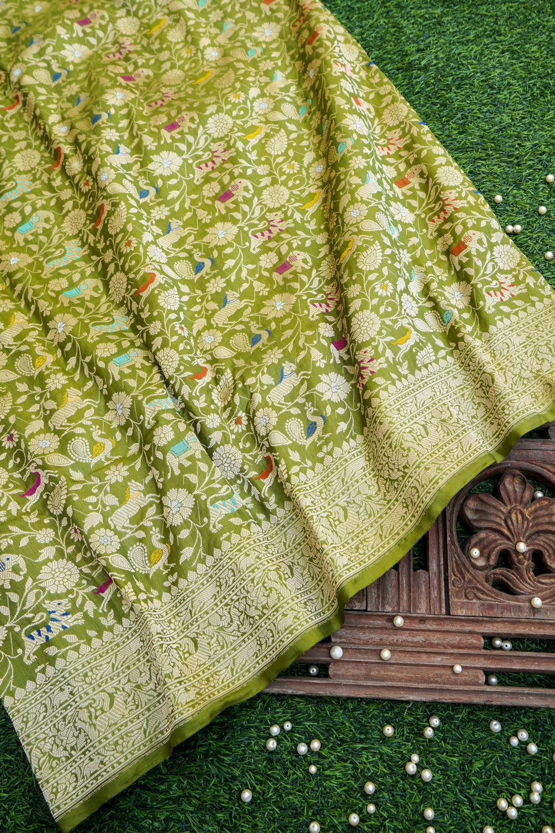 Handwoven Banarasi Katan Silk Shikargah Saree in Olive Green
