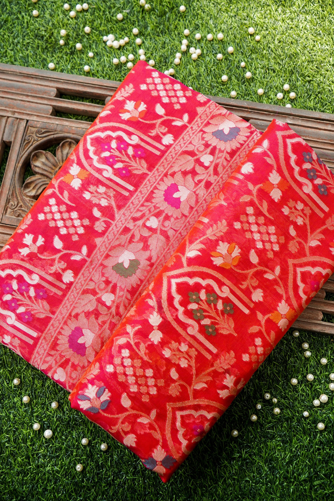Pure Kora Silk Ektara Jamdani Mehrab Jaal Banarasi Saree in Tomato Red