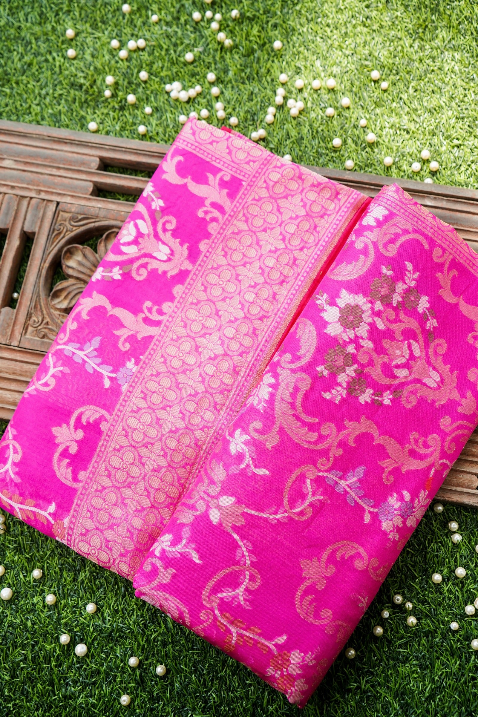 Pure Kora Silk Ektara Jamdani Meenakari Jaal Banarasi Saree in Magenta Pink