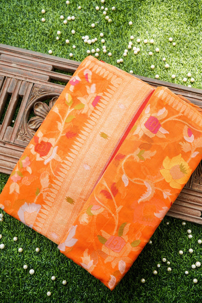 Pure Kora Silk Ektara Jamdani Meenakari Jaal Banarasi Saree in Tangerine Orange