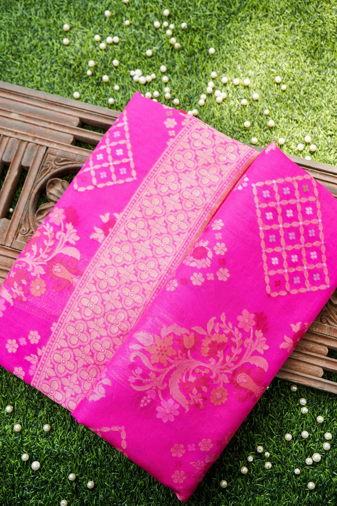 Pure Kora Silk Ektara Jamdani Banarasi Saree in Rani Pink