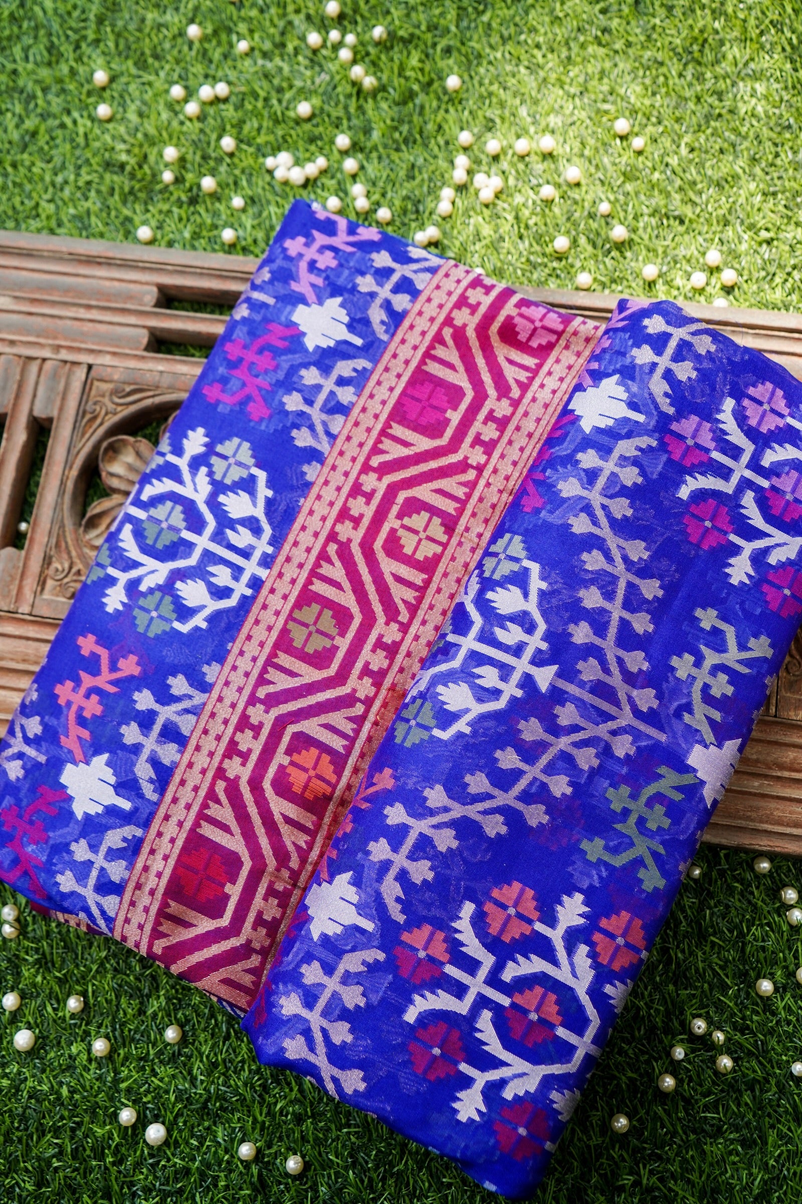 Pure Kora Silk Ektara Jamdani Jaal Banarasi Saree in Royal Blue