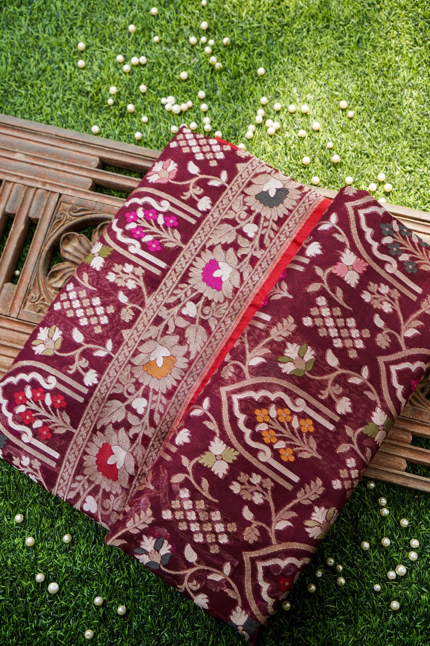 Pure Kora Silk Ektara Jamdani Mehrab Jaal Banarasi Saree in Deep Wine