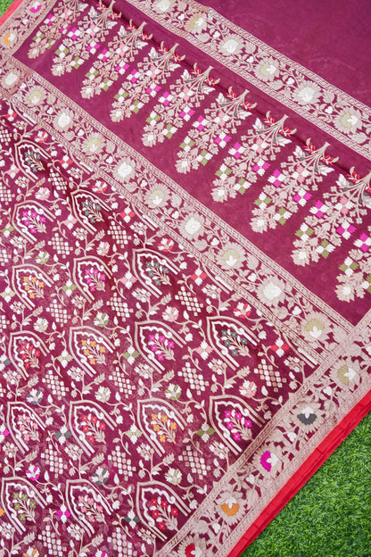 Pure Kora Silk Ektara Jamdani Mehrab Jaal Banarasi Saree in Deep Wine