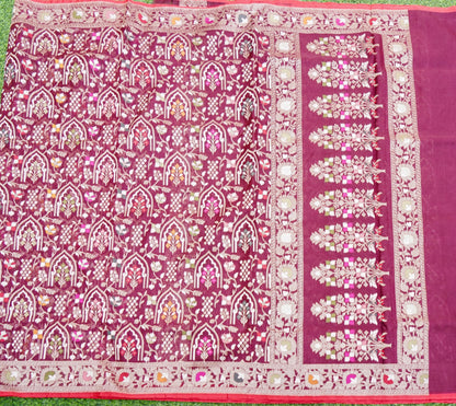 Pure Kora Silk Ektara Jamdani Mehrab Jaal Banarasi Saree in Deep Wine