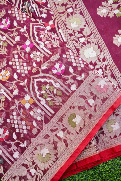 Pure Kora Silk Ektara Jamdani Mehrab Jaal Banarasi Saree in Deep Wine