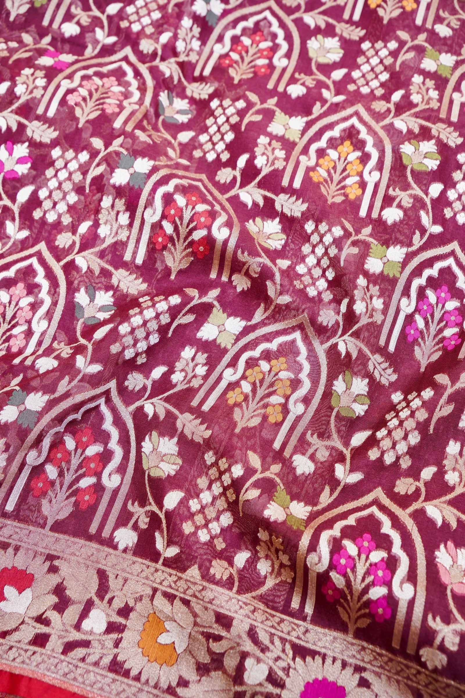 Pure Kora Silk Ektara Jamdani Mehrab Jaal Banarasi Saree in Deep Wine