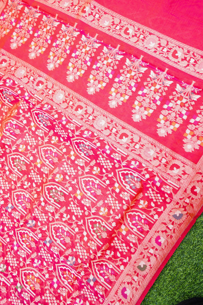Pure Kora Silk Ektara Jamdani Mehrab Jaal Banarasi Saree in Tomato Red