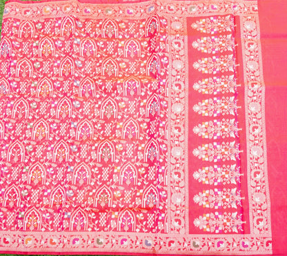 Pure Kora Silk Ektara Jamdani Mehrab Jaal Banarasi Saree in Tomato Red