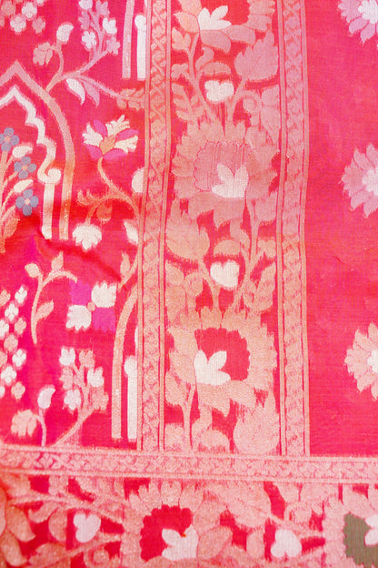 Pure Kora Silk Ektara Jamdani Mehrab Jaal Banarasi Saree in Tomato Red