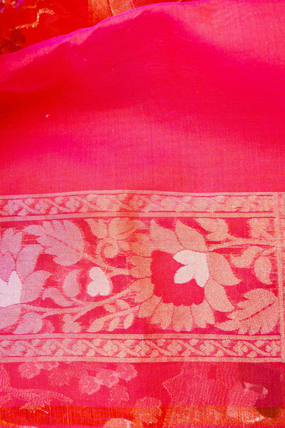 Pure Kora Silk Ektara Jamdani Mehrab Jaal Banarasi Saree in Tomato Red