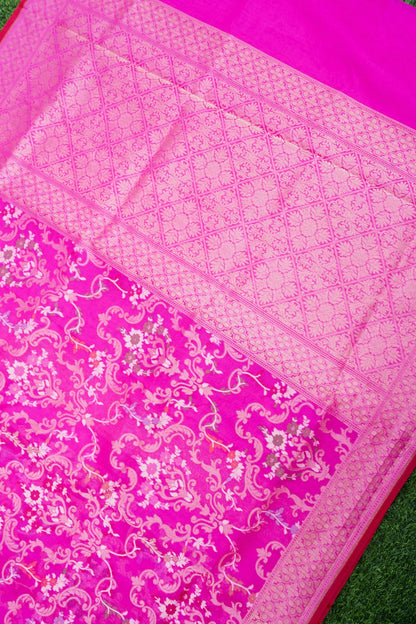 Pure Kora Silk Ektara Jamdani Meenakari Jaal Banarasi Saree in Magenta Pink