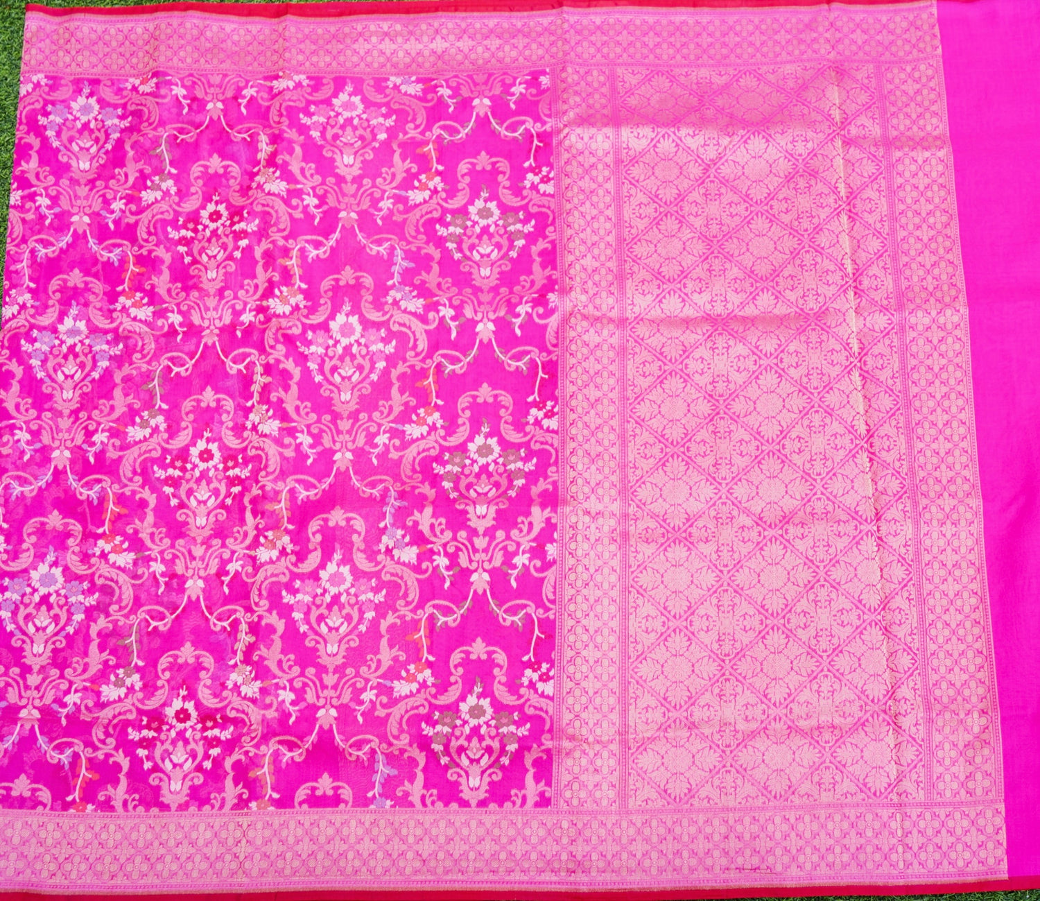 Pure Kora Silk Ektara Jamdani Meenakari Jaal Banarasi Saree in Magenta Pink