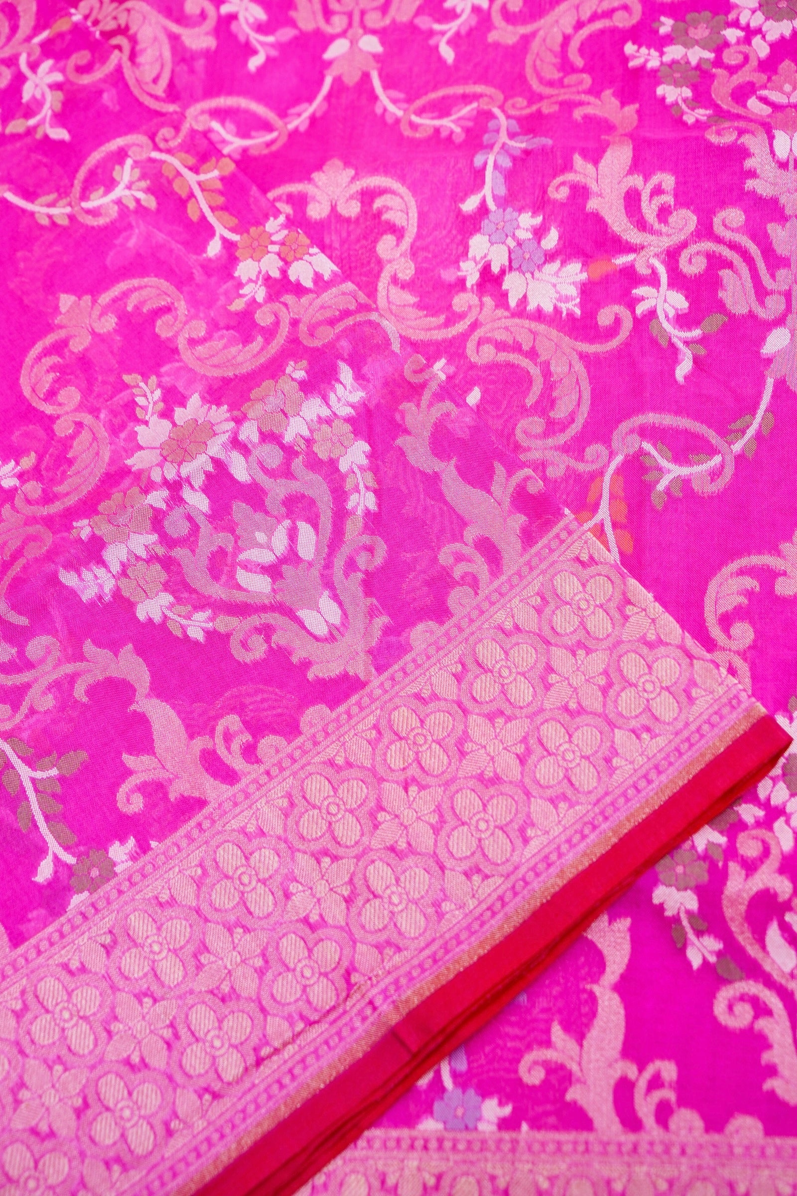 Pure Kora Silk Ektara Jamdani Meenakari Jaal Banarasi Saree in Magenta Pink