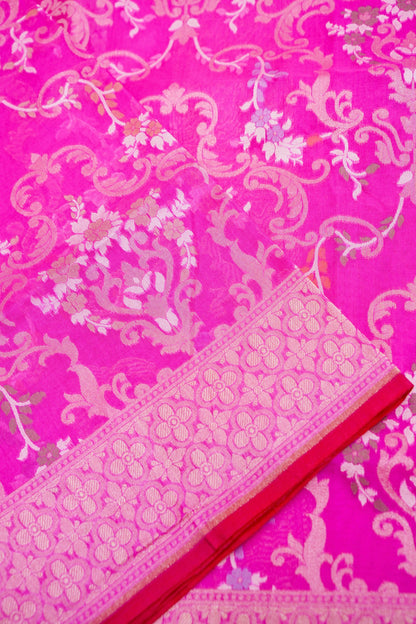 Pure Kora Silk Ektara Jamdani Meenakari Jaal Banarasi Saree in Magenta Pink