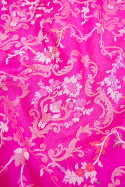 Pure Kora Silk Ektara Jamdani Meenakari Jaal Banarasi Saree in Magenta Pink