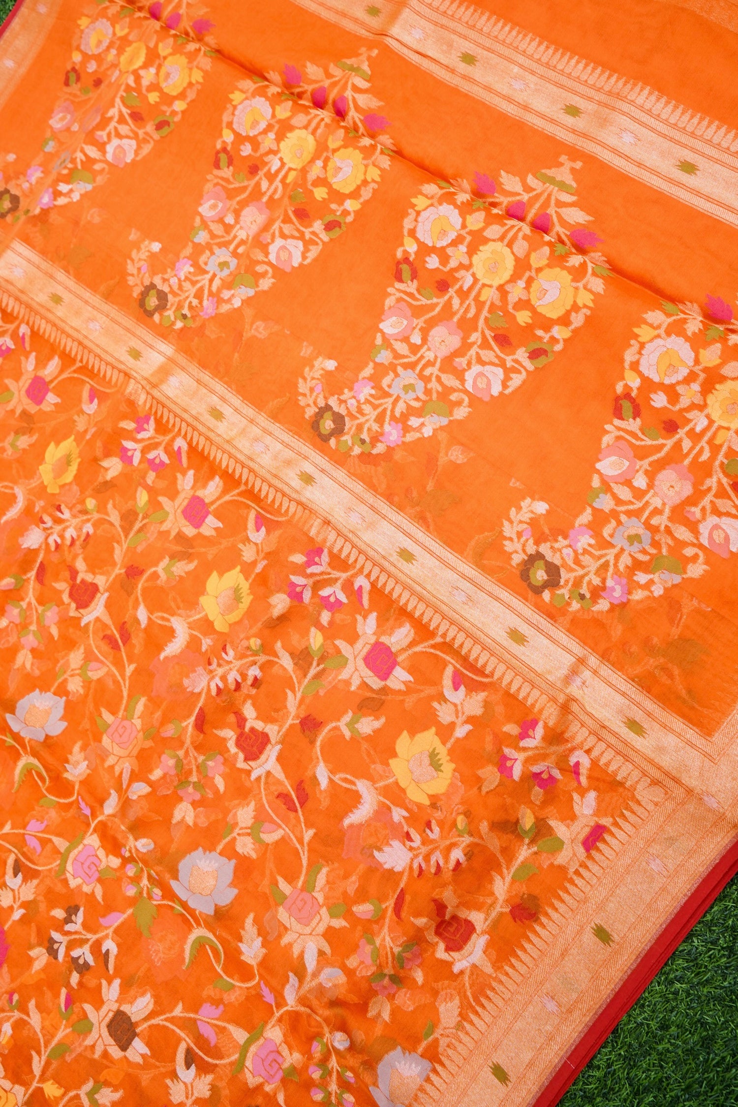 Pure Kora Silk Ektara Jamdani Meenakari Jaal Banarasi Saree in Tangerine Orange
