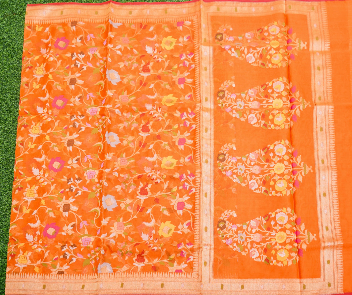 Pure Kora Silk Ektara Jamdani Meenakari Jaal Banarasi Saree in Tangerine Orange