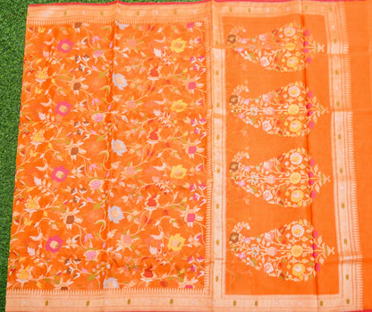 Pure Kora Silk Ektara Jamdani Meenakari Jaal Banarasi Saree in Tangerine Orange