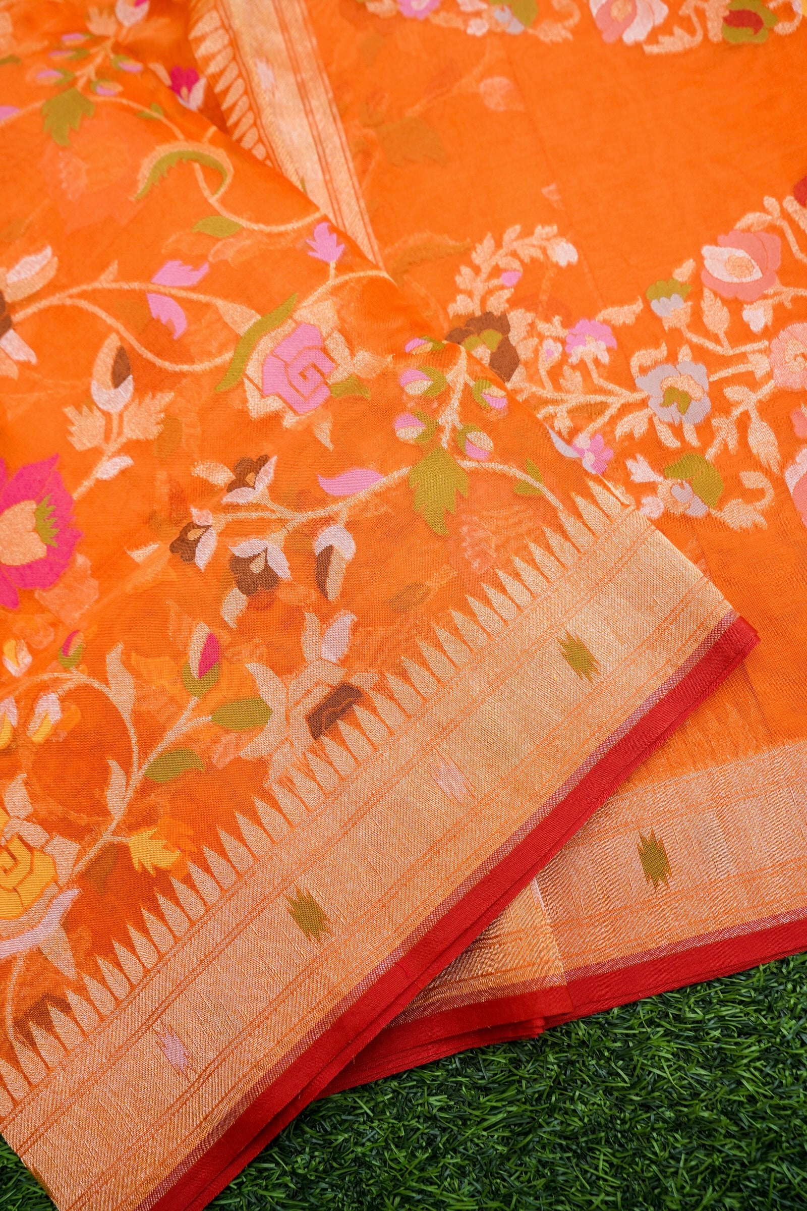 Pure Kora Silk Ektara Jamdani Meenakari Jaal Banarasi Saree in Tangerine Orange
