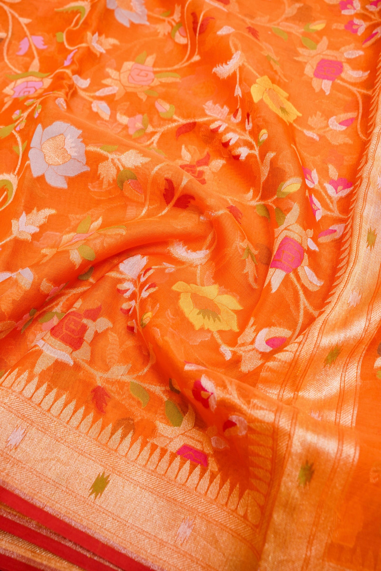 Pure Kora Silk Ektara Jamdani Meenakari Jaal Banarasi Saree in Tangerine Orange