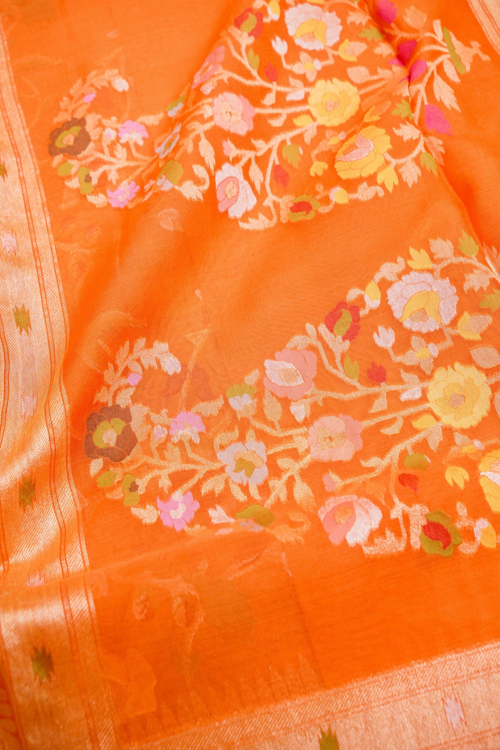 Pure Kora Silk Ektara Jamdani Meenakari Jaal Banarasi Saree in Tangerine Orange