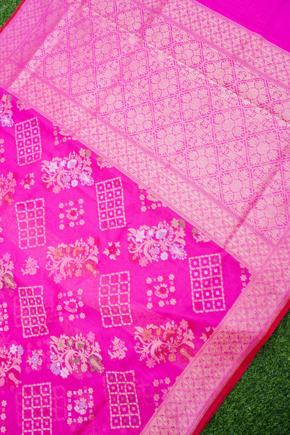 Pure Kora Silk Ektara Jamdani Banarasi Saree in Rani Pink
