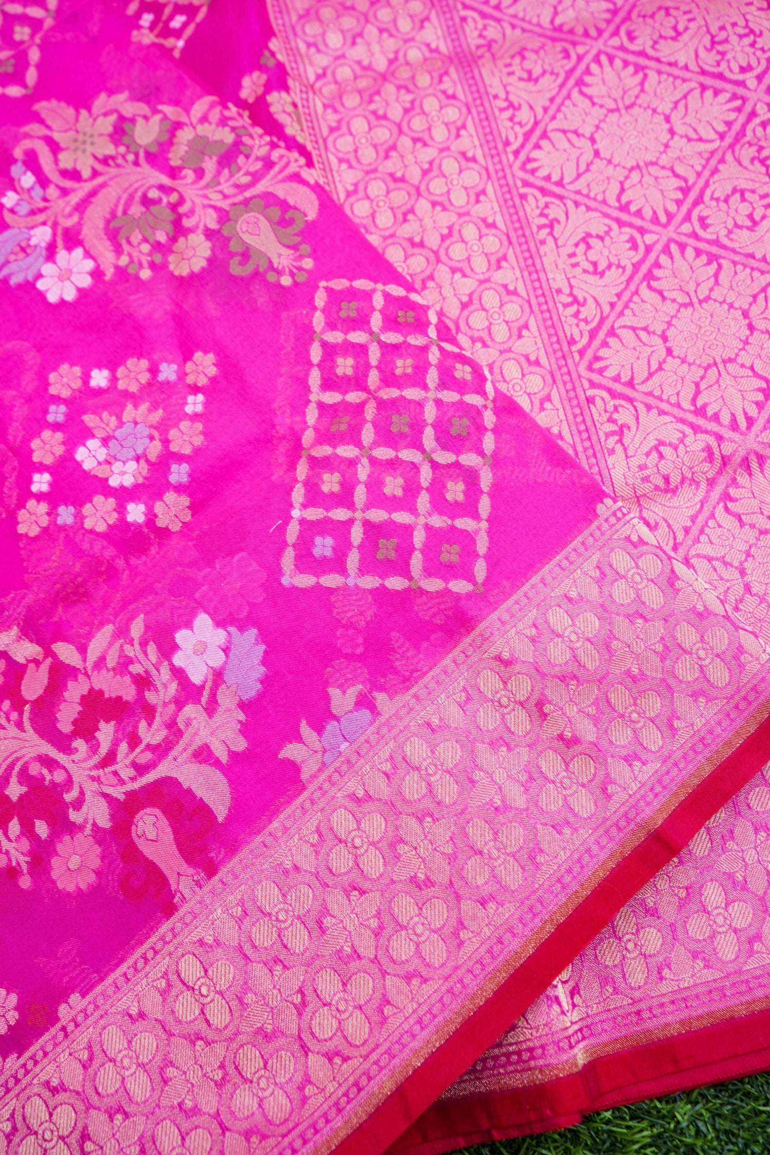 Pure Kora Silk Ektara Jamdani Banarasi Saree in Rani Pink