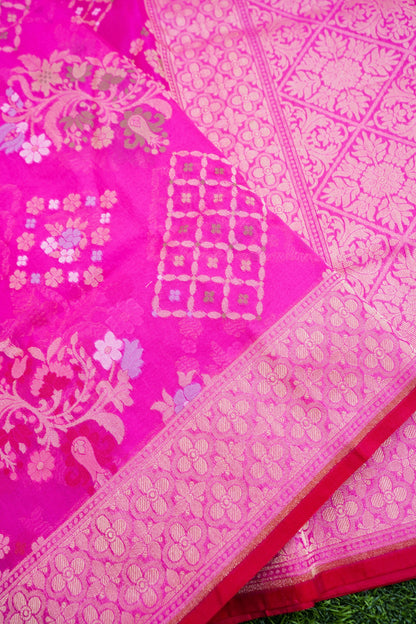 Pure Kora Silk Ektara Jamdani Banarasi Saree in Rani Pink