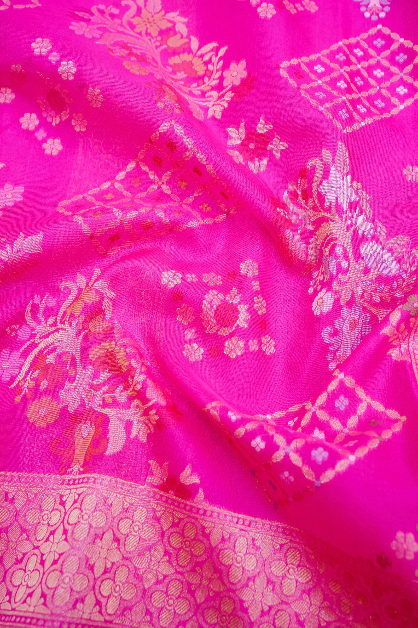 Pure Kora Silk Ektara Jamdani Banarasi Saree in Rani Pink
