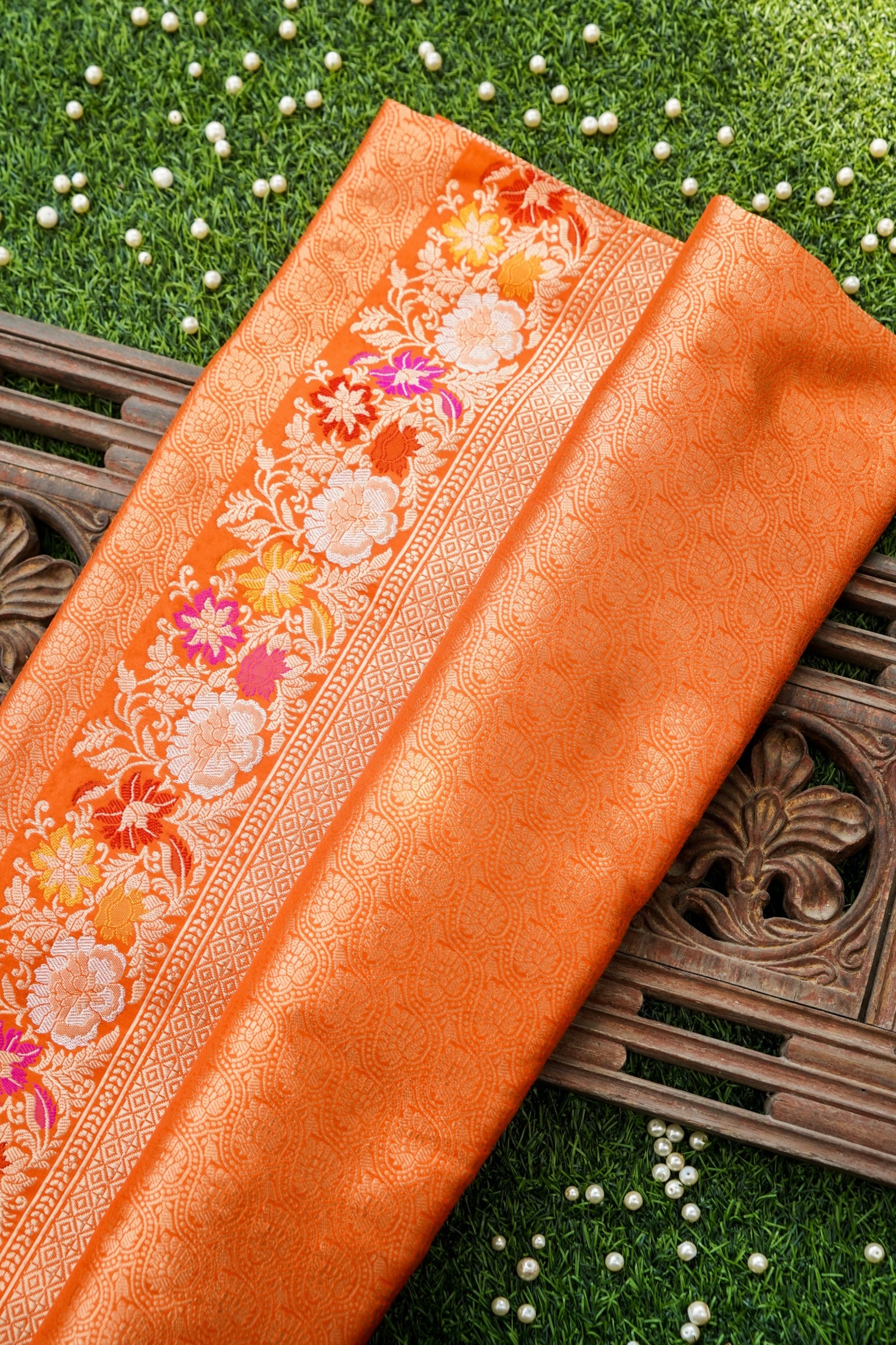 Pure Katan Silk Alfi Tanchoi Banarasi Saree in Peach Orange