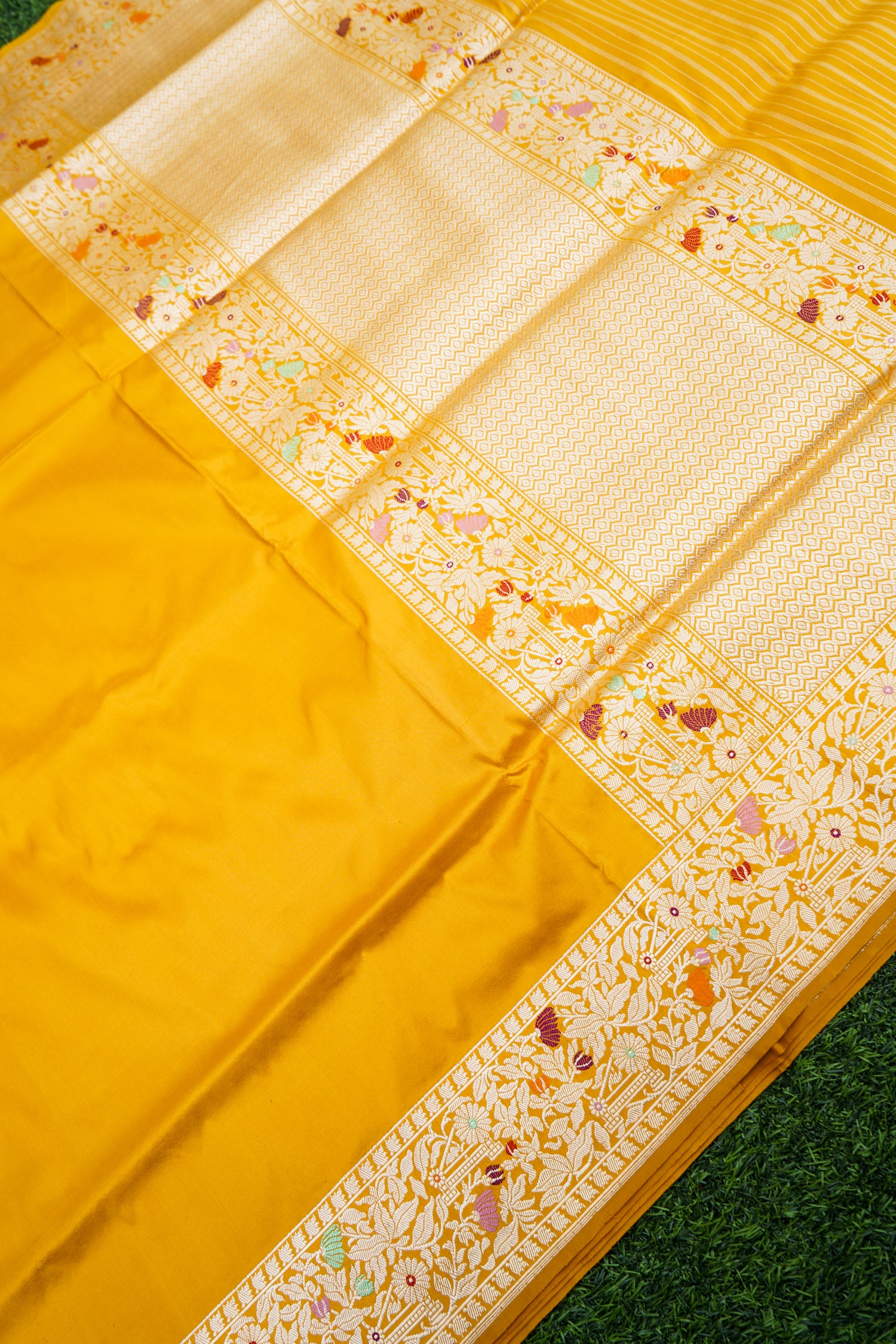 Pure Katan Silk Kadwa Bel Banarasi Saree in Marigold Yellow