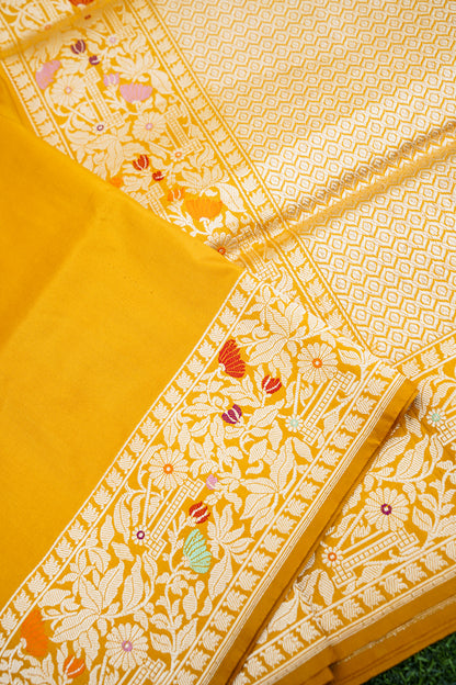 Pure Katan Silk Kadwa Bel Banarasi Saree in Marigold Yellow
