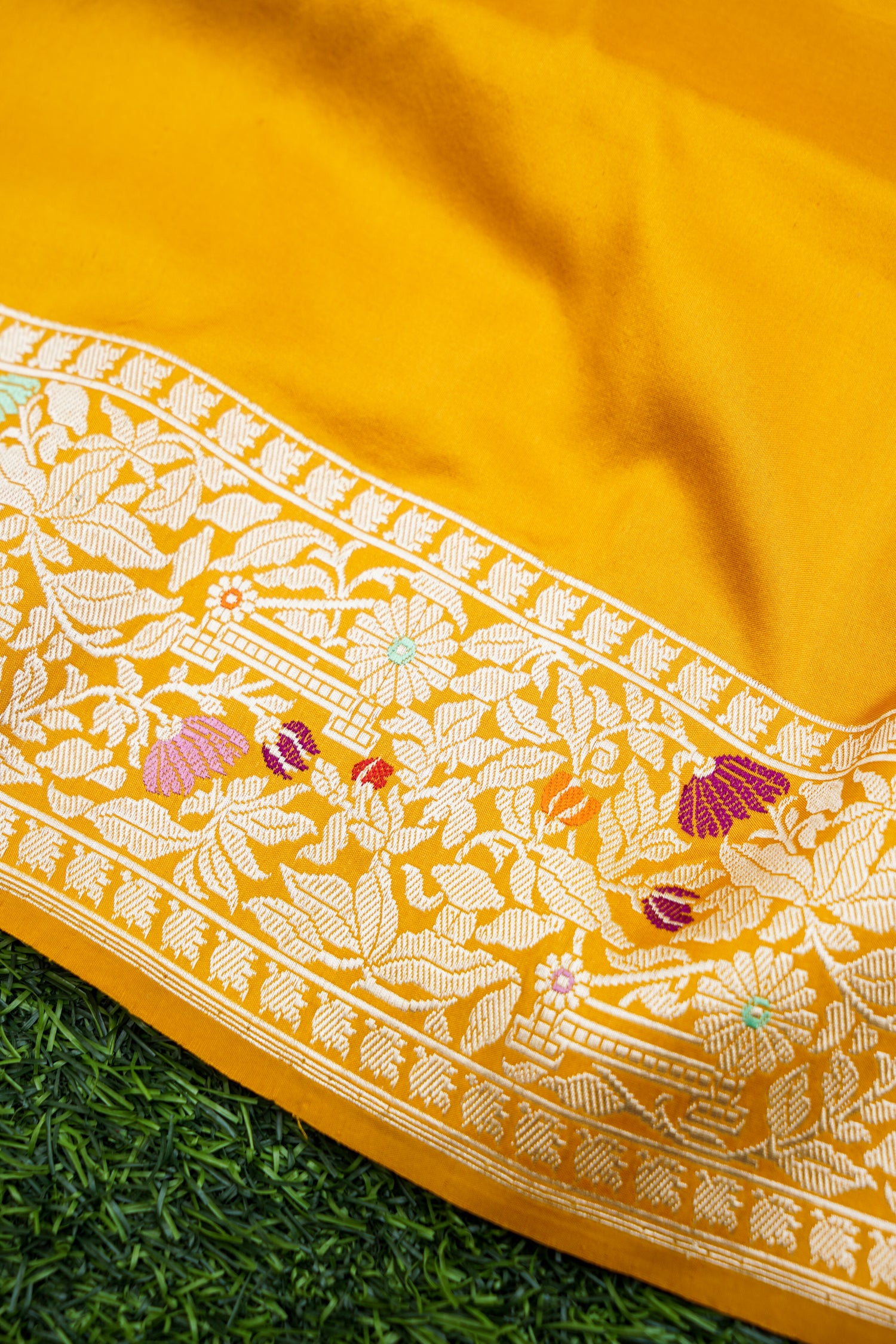 Pure Katan Silk Kadwa Bel Banarasi Saree in Marigold Yellow